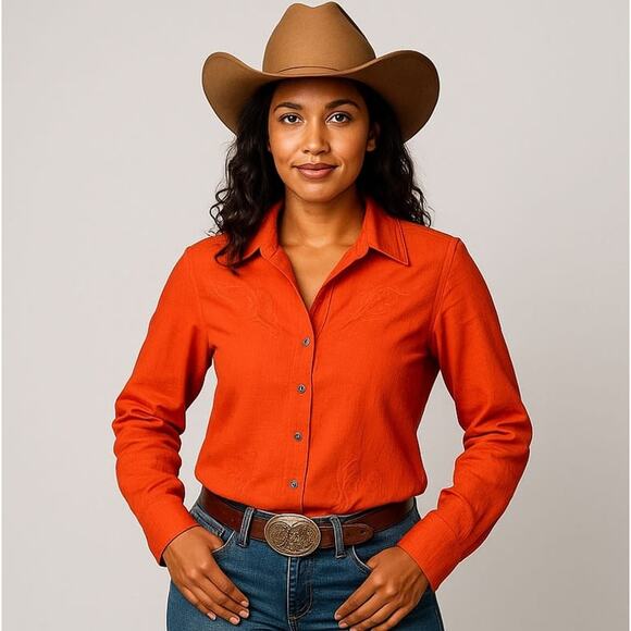 Valerie Stevens Red Linen Shirt M Embroidered Button Up Blouse 100% Linen - Picture 1 of 12